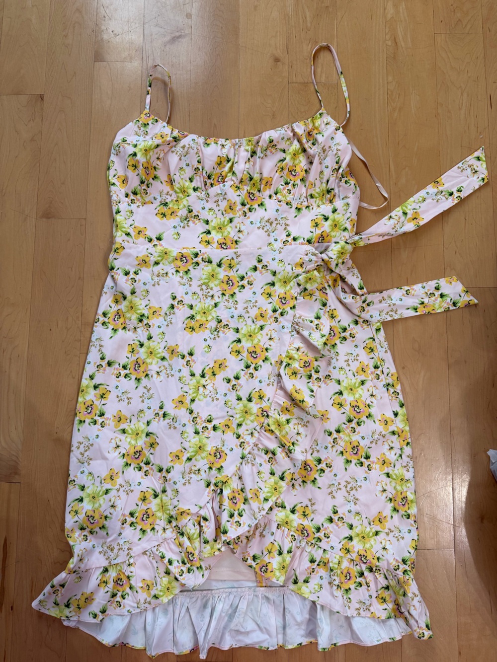 BCBGeneration Pale Pink Floral Tie-Waist Dress with Yellow & Green Accents
